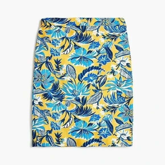 J Crew Printed Basketweave Pencil Skirt Knee Length Zip Yellow Blue Floral 0 - Picture 1 of 7